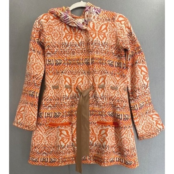 Odd Molly Women's SZ 2 Sweater Orange Butterflies Knit Hood Cardigan Tie Waist